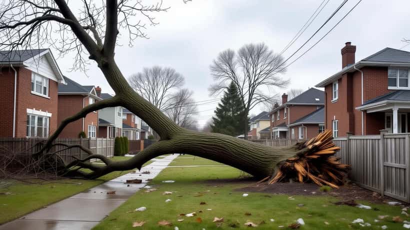 Storm-damaged property in Ontario with fallen tree across fence between neighbouring homes