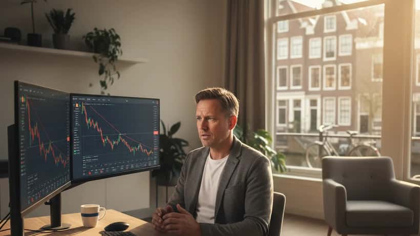 Nederlandse man kijkt bezorgd naar dalende bitcoinkoers op computerscherm