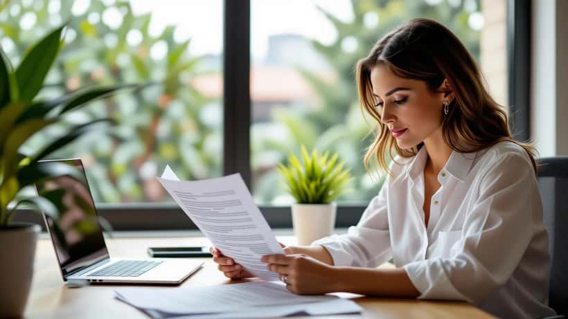Woman entrepreneur reviewing brand partnership contracts at a modern office desk