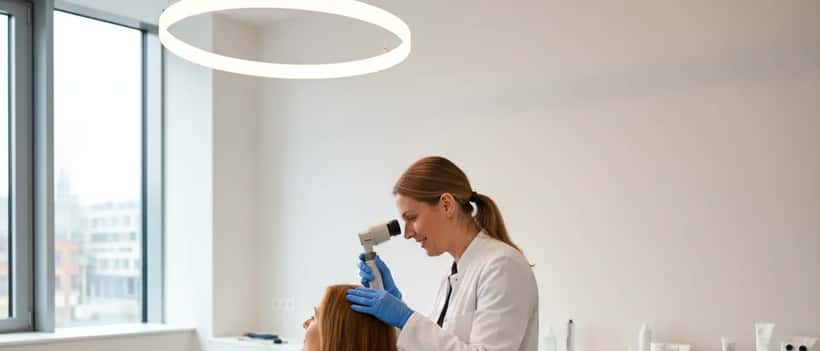 Deutsche Frau beim Dermatologen, Arzt untersucht Haare mit Dermatoskop