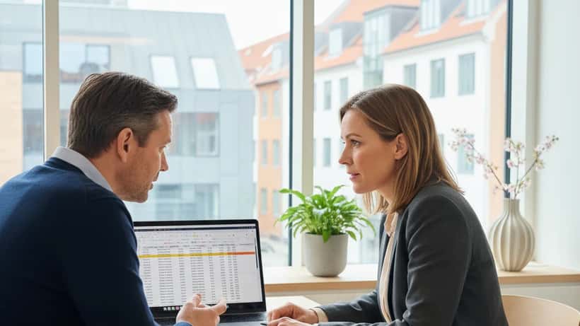 Dansk kvindelig formuerådgiver gennemgår budget med klient i moderne kontor i København