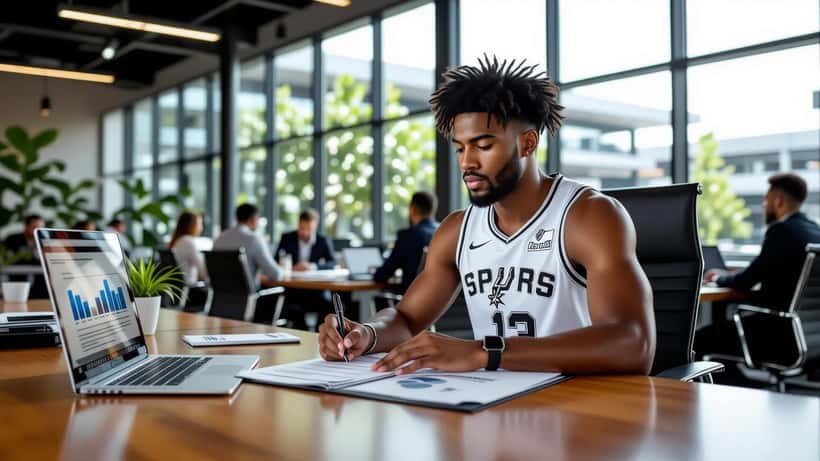Young NBA player signing rookie contract in modern sports franchise office