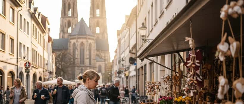 Frau beim Einkauf auf dem Frühjahrsmarkt in der Ulmer Altstadt mit Münster im Hintergrund
