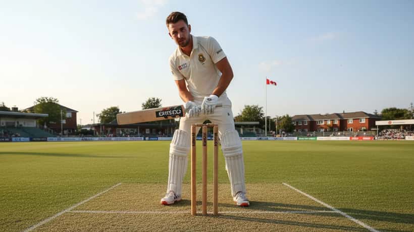 Joueur de cricket professionnel tenant une batte avec des documents financiers sur le terrain