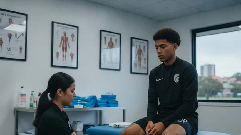 Soccer player receiving physiotherapy assessment in a sports medicine clinic