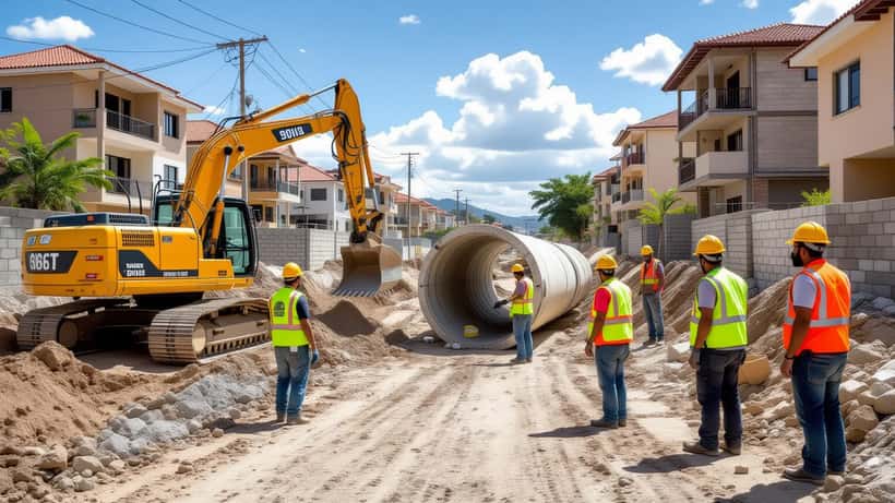 Trabalhadores instalando tubulação de esgoto em obra de saneamento básico no Brasil em 2026
