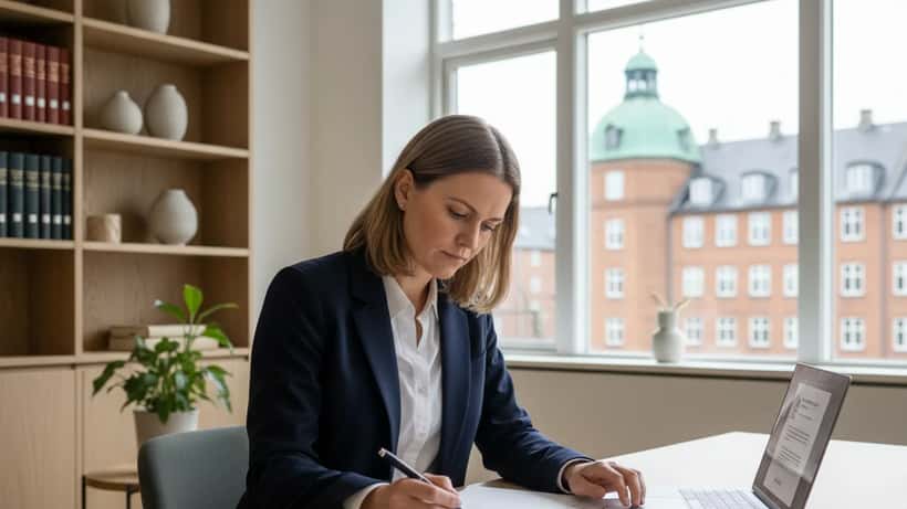 Dansk kvindelig familieretsadvokat i blå blazer gennemgår dokumenter om forældremyndighed i et københavnsk advokatkontor