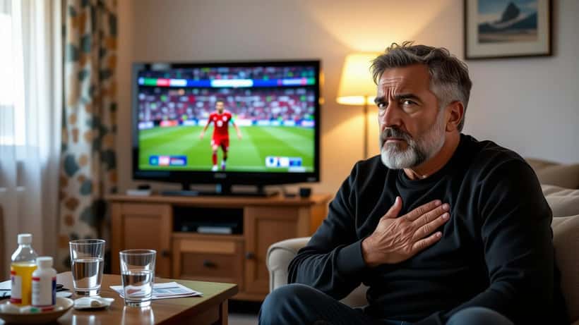 Adepto português ansioso com a mão no peito a ver jogo do Mundial 2026 na televisão em casa