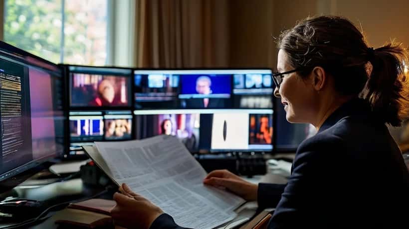 Canadian lawyer reviewing CRTC streaming policy documents with video streaming visible on second monitor