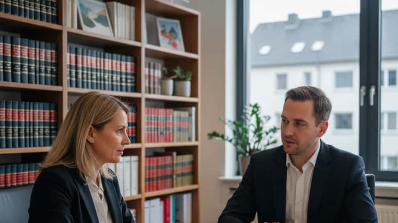 Frau im Gespräch mit Rechtsanwalt nach häuslicher Gewalt in Deutschland