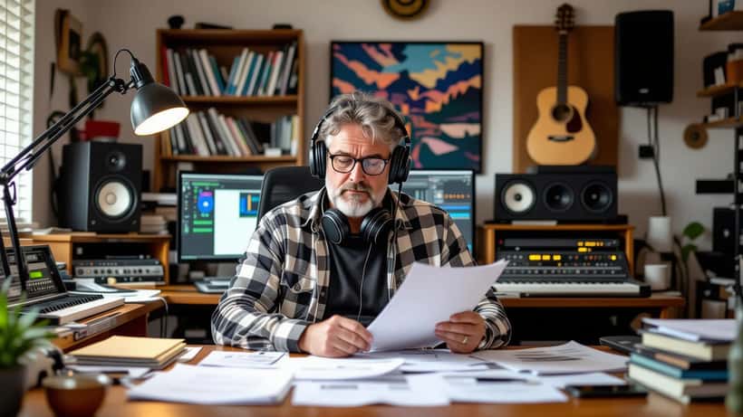 Musician reviewing music royalty statements and legal documents in a recording studio office