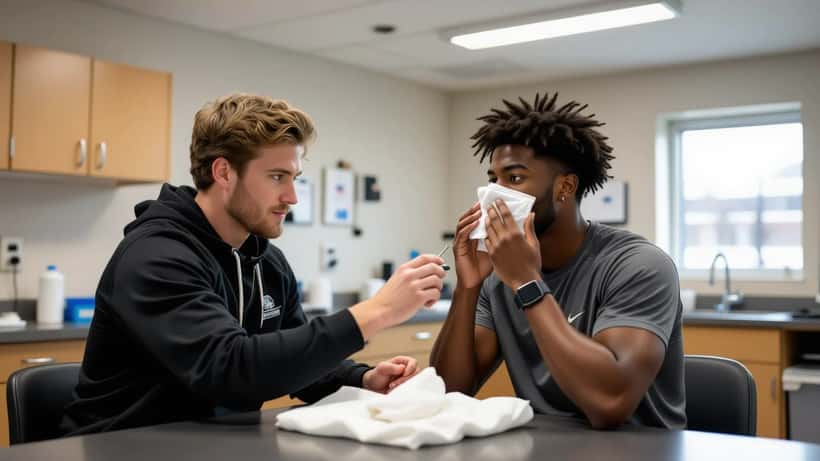 Sports doctor examining an athlete's swollen eye with a penlight