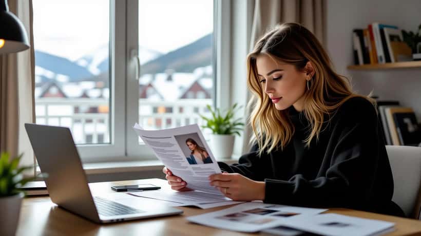 Ung kvinne leser modellkontrakt ved skrivebord med motebilder og laptop