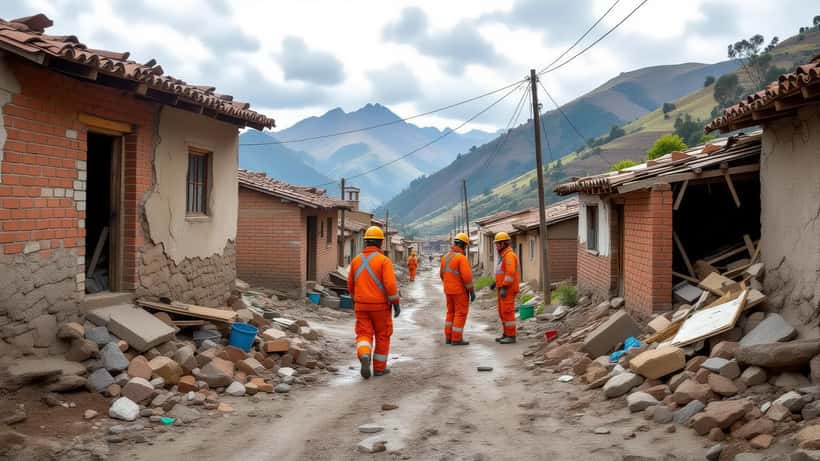 Casas danificadas e equipes de resgate apos terremoto em Junin, no Peru, em julho de 2026