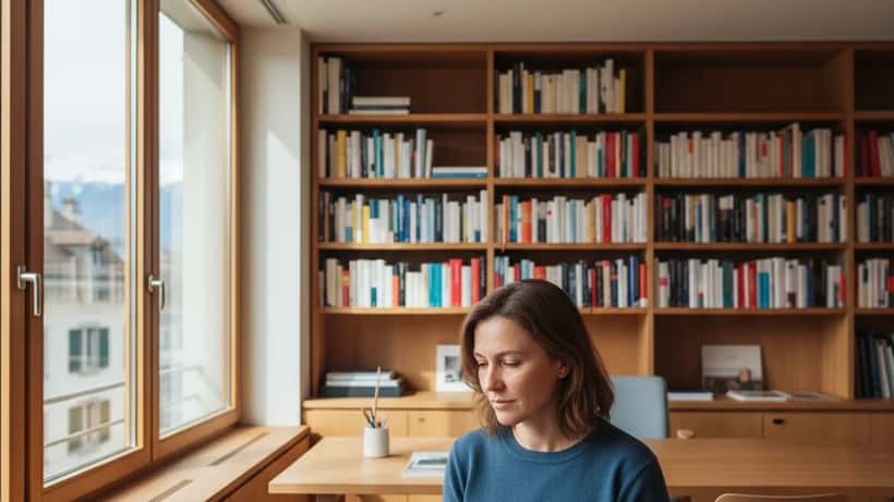 Femme élégante lisant un essai philosophique dans un cabinet de psychologue à Genève, lumière naturelle douce