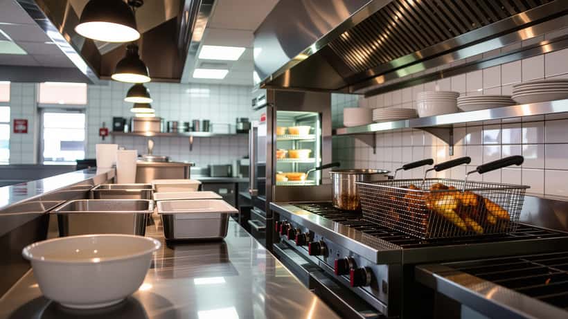 Cuisine de restaurant avec problèmes d'hygiène visibles sur la friteuse et la hotte
