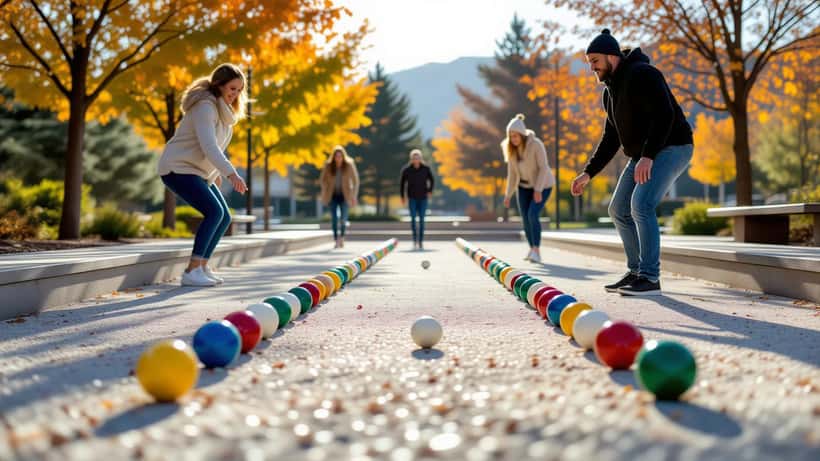 Players rolling bocce balls on an outdoor court toward the pallino