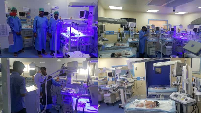Collage van een neonatale intensive care unit met medische apparatuur