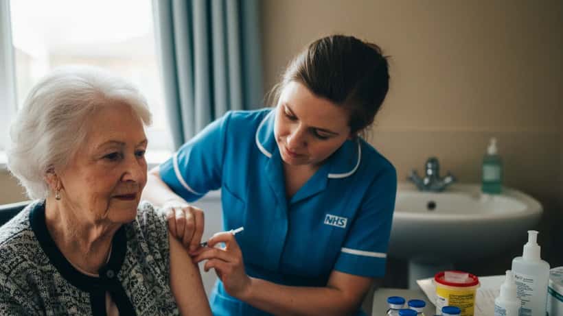 Elderly British woman receiving RSV vaccination from NHS nurse in a GP practice