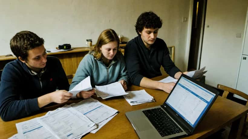 Nederlands gezin berekent brandstofkosten aan keukentafel met bonnetjes en laptop