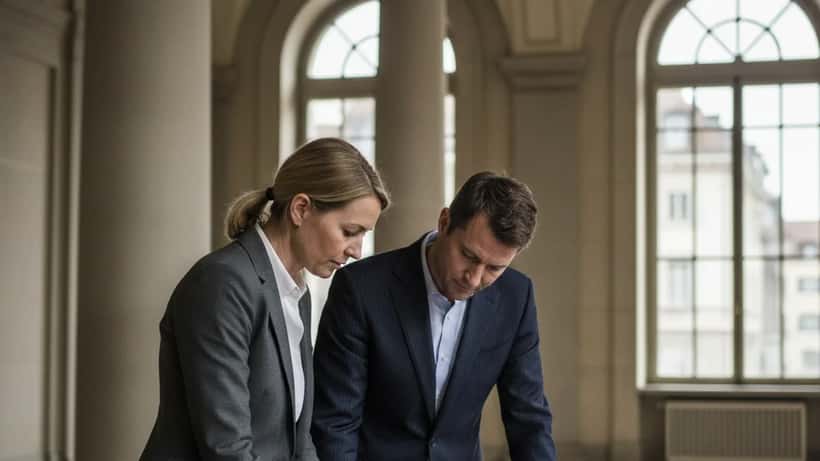 Femme consultant un avocat dans un couloir de tribunal suisse