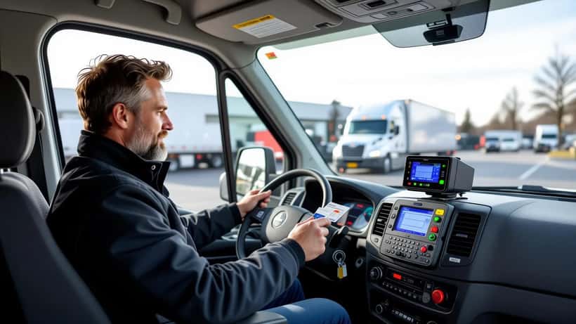 Dansk chauffør indsætter førerkort i digital tachograf i varebil