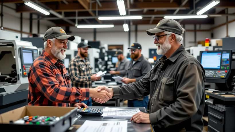 Machine shop owner meeting employees beside a valuation report on the shop floor
