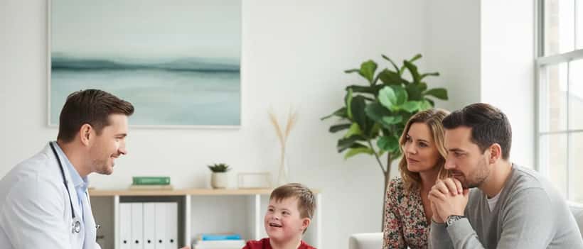A doctor consulting with a family including a child with Down syndrome in a UK clinical setting