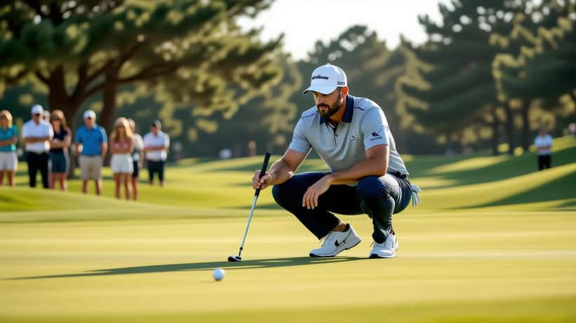 Golfeur professionnel étudiant la ligne de son putt sur le green lors d'un tournoi majeur