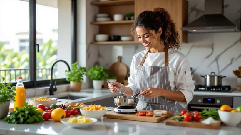 Nutricionista brasileira analisando prato gourmet em cozinha moderna de São Paulo com balança alimentar e tabela nutricional