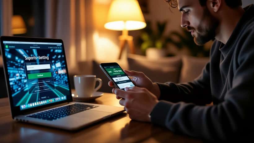 Uomo di notte con smartphone che mostra una pagina di scommesse sospetta accanto a una carta di credito e un laptop
