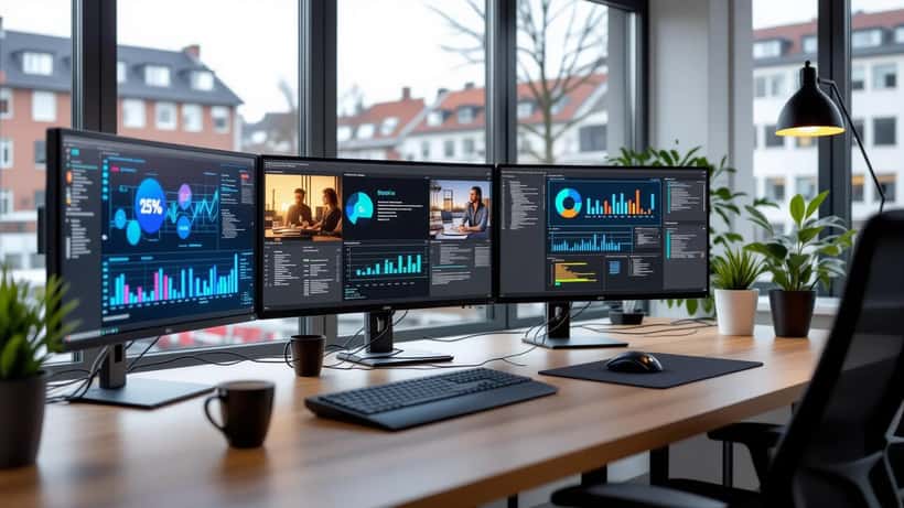 Dansk IT-konsulent ved to computerskærme med sociale medieplatforme og GDPR-compliance dokumenter i moderne kontor