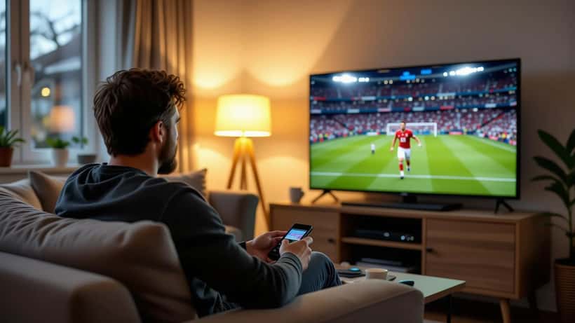 Man checking his smart TV and streaming stick settings in a living room with a paused football match on screen