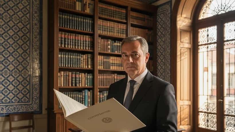 Advogado português com toga em frente a estante de livros jurídicos em escritório tradicional em Lisboa