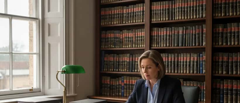 British female solicitor reviewing legal documents in a traditional law office in Warrington, England