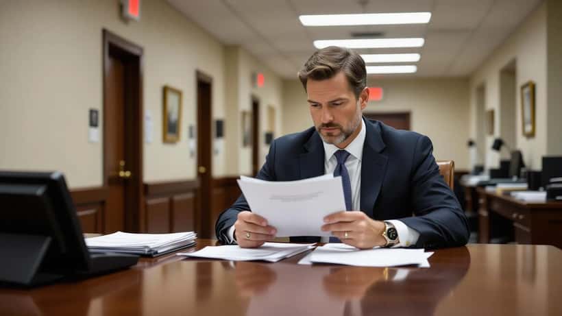 Attorney reviewing FISA surveillance documents inside a federal courthouse hallway