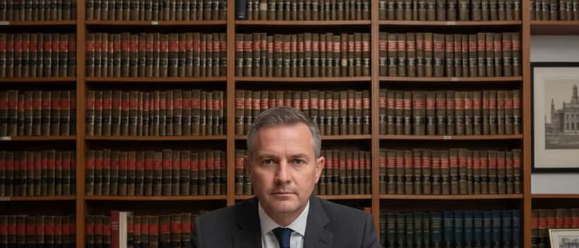 British solicitor reviewing sports contract documents at desk in Manchester law office