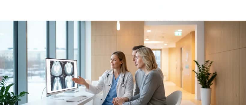 Suomalainen naislääkäri konsultoi potilasta mammografiatuloksista modernissa klinikassa