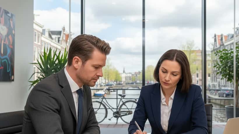 Nederlandse man en vrouw in juridisch overleg in een Amsterdams advocatenkantoor