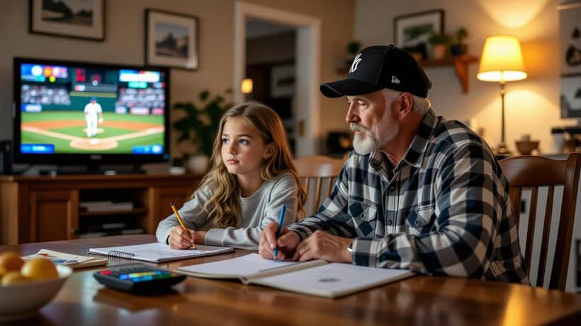 Father and daughter working through baseball batting-average math at a kitchen table while a game plays on TV
