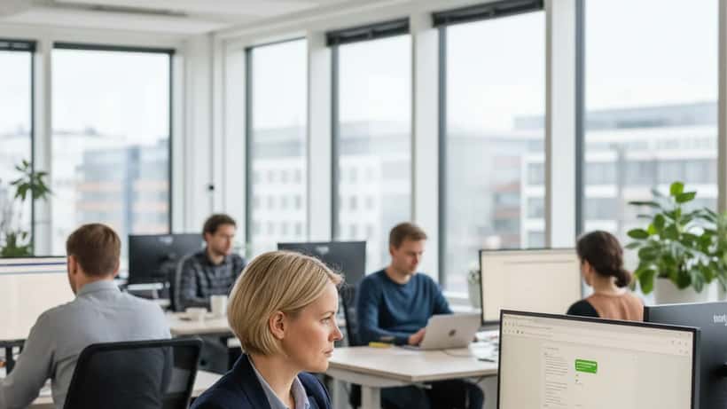 IT-asiantuntija käyttää ChatGPT:tä modernissa helsinkiläisessä toimistossa