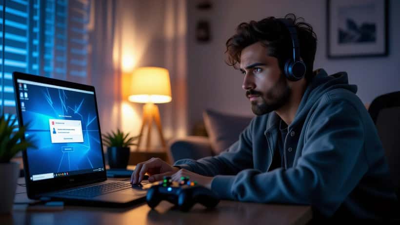 Hombre mirando pantalla de laptop con página falsa de Xbox Live, mando de videojuegos en primer plano, gesto de preocupación
