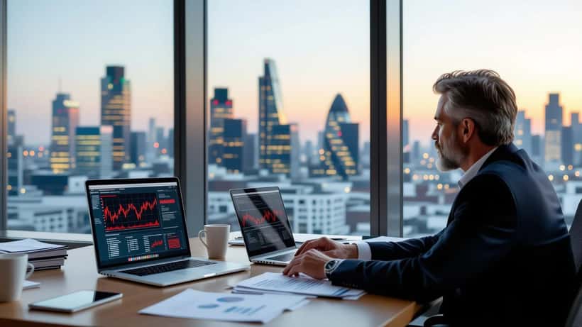 British investor reviewing MENA portfolio documents in a City of London office, assessing Board of Peace Gaza reconstruction impact on UK pension funds
