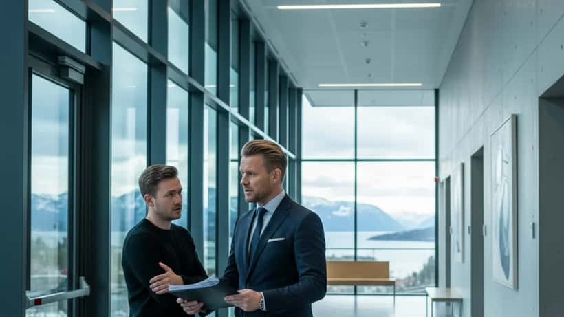 Norsk forsvarsadvokat i rettssal i Oslo med juridiske dokumenter