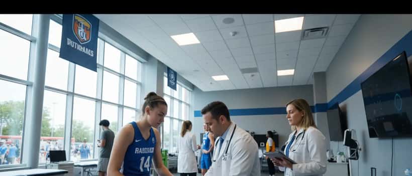 Female basketball player receiving knee examination from sports medicine doctor in US clinic during 2026 NCAA tournament