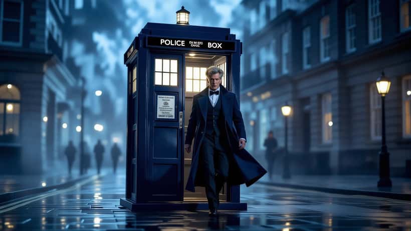 Peter Capaldi as the Twelfth Doctor standing at the TARDIS doors in a dramatic blue-lit scene