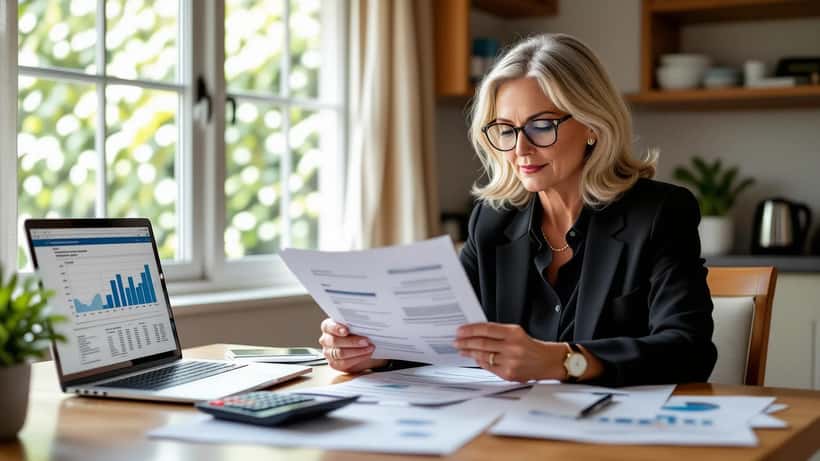Older Australian woman reviewing superannuation documents and financial statements at home