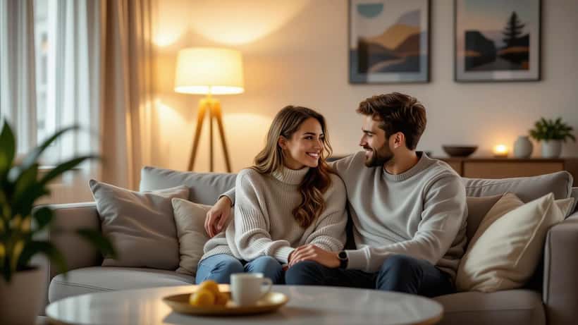 Paar auf Sofa nach emotionaler Unterhaltung, symbolisch für Trennung und Kommunikationsprobleme