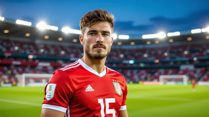 Profesjonell fotballforsvarer på stadion under floodlights