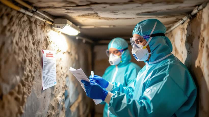 Österreichischer Gesundheitsexperte untersucht Keller auf Hantavirus-Risiken mit Schutzhandschuhen und FFP2-Maske